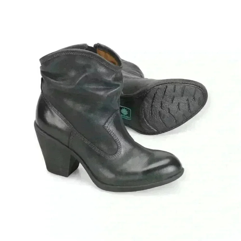 Montana West Black Leather Slouch Ankle Boots with Block Heel